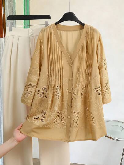 Lacomfia Áo kiểu dáng thoải mái, thoải mái, cổ chữ V, tay lỡ 3/4, cỡ lớn, thêu họa tiết, phù hợp cho mọi dịp vào mùa xuân và mùa hè.