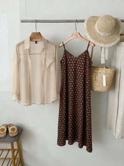 Linhara Conjunto de 2 piezas de vestido de tirantes con estampado de lunares y camisa de chifón con botones delanteros para vacaciones de verano en talla grande