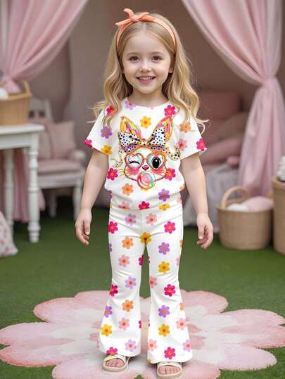 Conjunto de top de manga corta con estampado de conejo y flores coloridas, y pantalones acampanados con diseño floral para niñas, un atuendo cómodo y versátil para primavera/verano, adecuado para uso diario, fotografía, exterior, hogar, salidas, festivales, Pascua, regalos