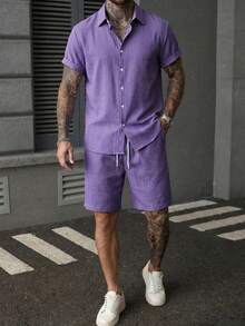 Manfinity RSRT Men's 2 Piece Summer Casual Vacation Set,Solid Color Linen Short Sleeve Front Button Shirt And Shorts Coords,Deep Purple Lavender Outfit For Holiday - Purple - View 8