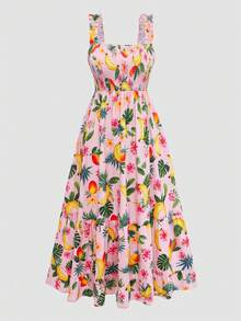 Franclia Đầm maxi dáng chữ A, dây mảnh, có thể điều chỉnh vòng ngực, in hoa, viền bèo nhún, dành cho nữ, cỡ lớn. - Nhiều màu - Xem 5