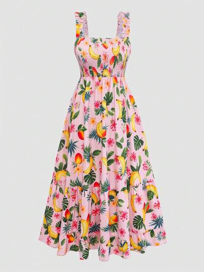 Franclia Plus Size Women Floral Print Ruffle Hem Spaghetti Strap Adjustable Bust A-Line Dress Maxi Women Outfit Banana Mango Print Dress Summer Dress Midi Tropical Print Dress Sundress Women Garden Party Dress Fruit Print Dress Floral Print Dress