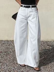 DAZY Quần jeans nữ ống loe cạp trung, màu trơn, túi xéo, kiểu dáng thường ngày thành thị. - trắng - Xem 3