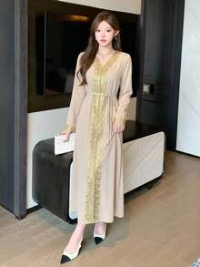 DAZY Women's Elegant Party Sequin Ribbon Decor Mid-Length Dress Carnival Sundress - Apricot - View 9