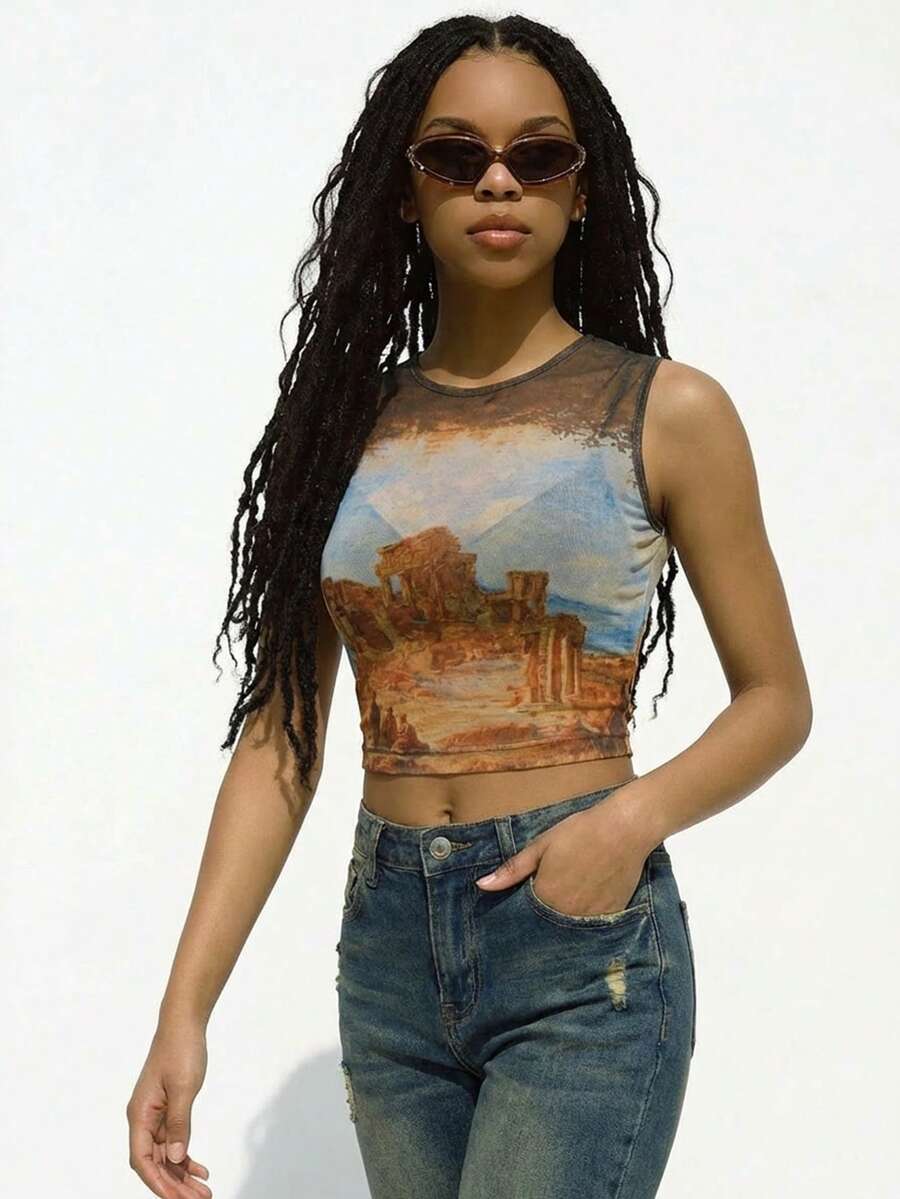 Slouenne Slouenne 女士性感透视印花网纱上衣 - 棕色 - 查看 1