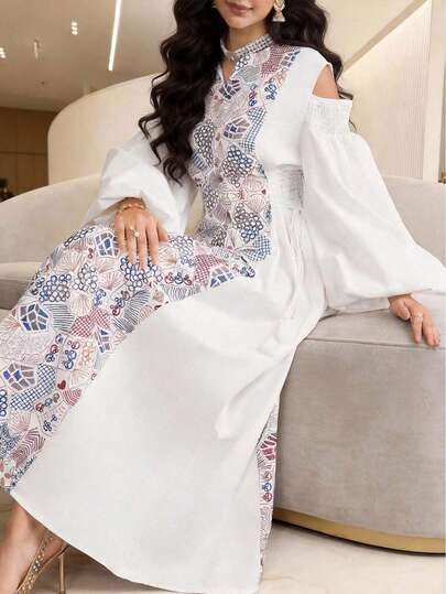 Yasmyna Women's Geometric Pattern Hollow Out Lantern Sleeve Elegant Arabic Style Dress