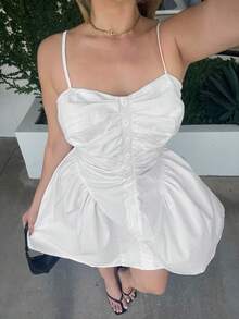 Roveilla Summer Spaghetti Strap Minimalist A-Line Ruched Casual Dress For Women - White - View 5