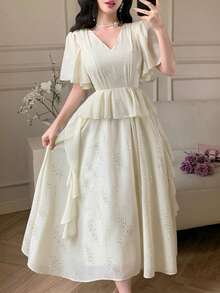 DAZY Women's V-Neck Shiny Fabric Waist Cinched Ruffle Sleeve Maxi Elegant Dress - Beige - View 6