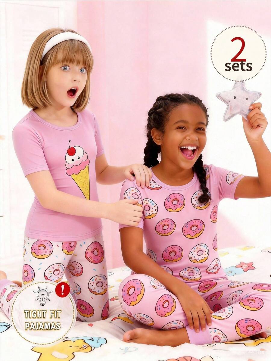 4pcs Girls Cute Donut & Ice Cream Print Snug Fit Short Sleeve Pajama Set - Multicolor - View 1