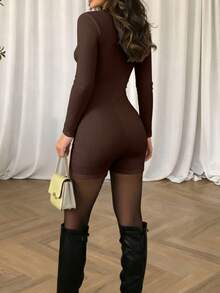 INAWLY Turtleneck Long Sleeve Bodycon Jumpsuit - Rust Brown - View 2