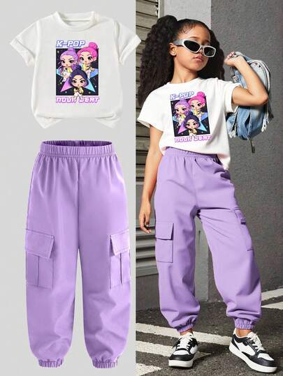 2pcs/Set Girl Group Star Idol Print Short Sleeve Top And Jogger Pants Set, Casual & Fashionable For Girls, Suitable For Spring, Summer, Autumn, Winter