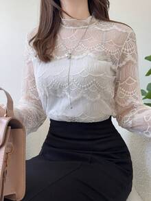 FRIFUL Women's Solid Apricot Sheer Lace Fabric Layered Slim Fit Versatile Blouse - Apricot - View 1
