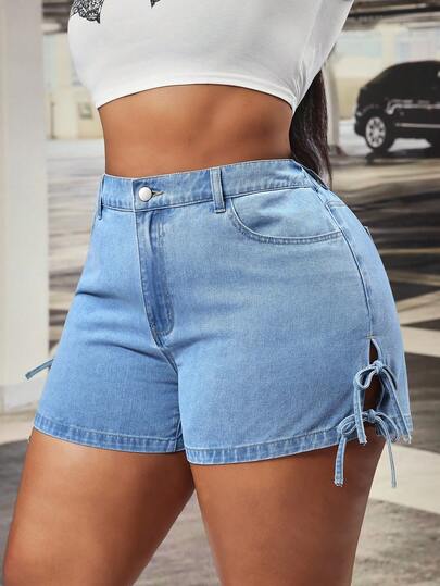 Slaydiva Damen Lässig Jeans Shorts mit Waschung, Schleife Dekor und Schlitz an der Seite, Y2K Große Größen