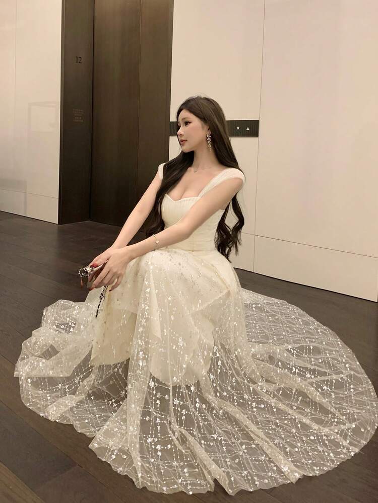 Tall Women's Elongated Sequin Mesh Dress, Elegant Evening Gown Summer Dress Sundress