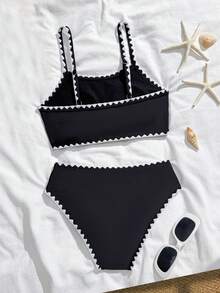 SHEIN Set de 2 bikinis en blanco y negro sencillos para niñas preadolescentes - Negro - Ver 3