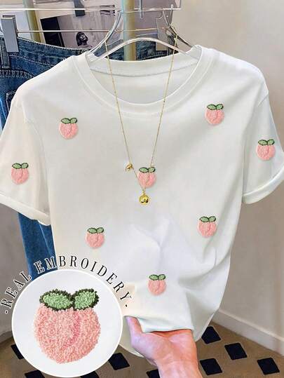 Resyla Dam T-shirt med rund hals och sänkta axlar, persikafärgad t-shirt med broderi, persikafärgad t-shirt med handduksbroderi, bekväm och avslappnad frilufts-t-shirt, året runt-t-shirt, frukt-t-shirt