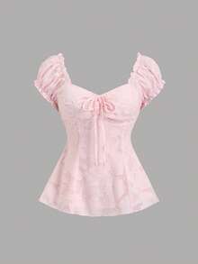 Sweetra Áo kiểu voan thêu hoa thanh lịch với nơ thắt cổ, mẫu áo hè ngọt ngào và duyên dáng dành cho phụ nữ. - Hồng - Xem 1