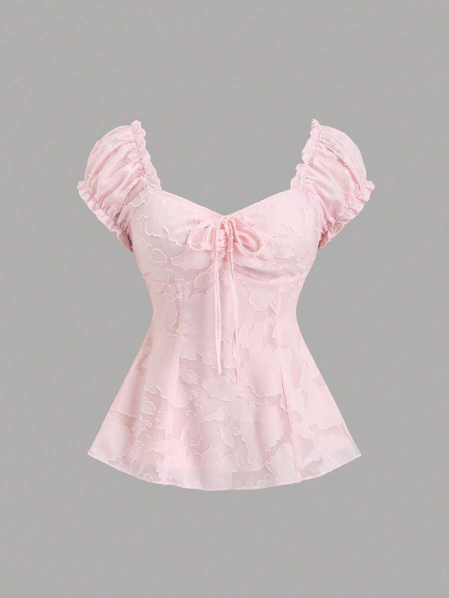 Sweetra Áo kiểu voan thêu hoa thanh lịch với nơ thắt cổ, mẫu áo hè ngọt ngào và duyên dáng dành cho phụ nữ. - Hồng - Xem 1