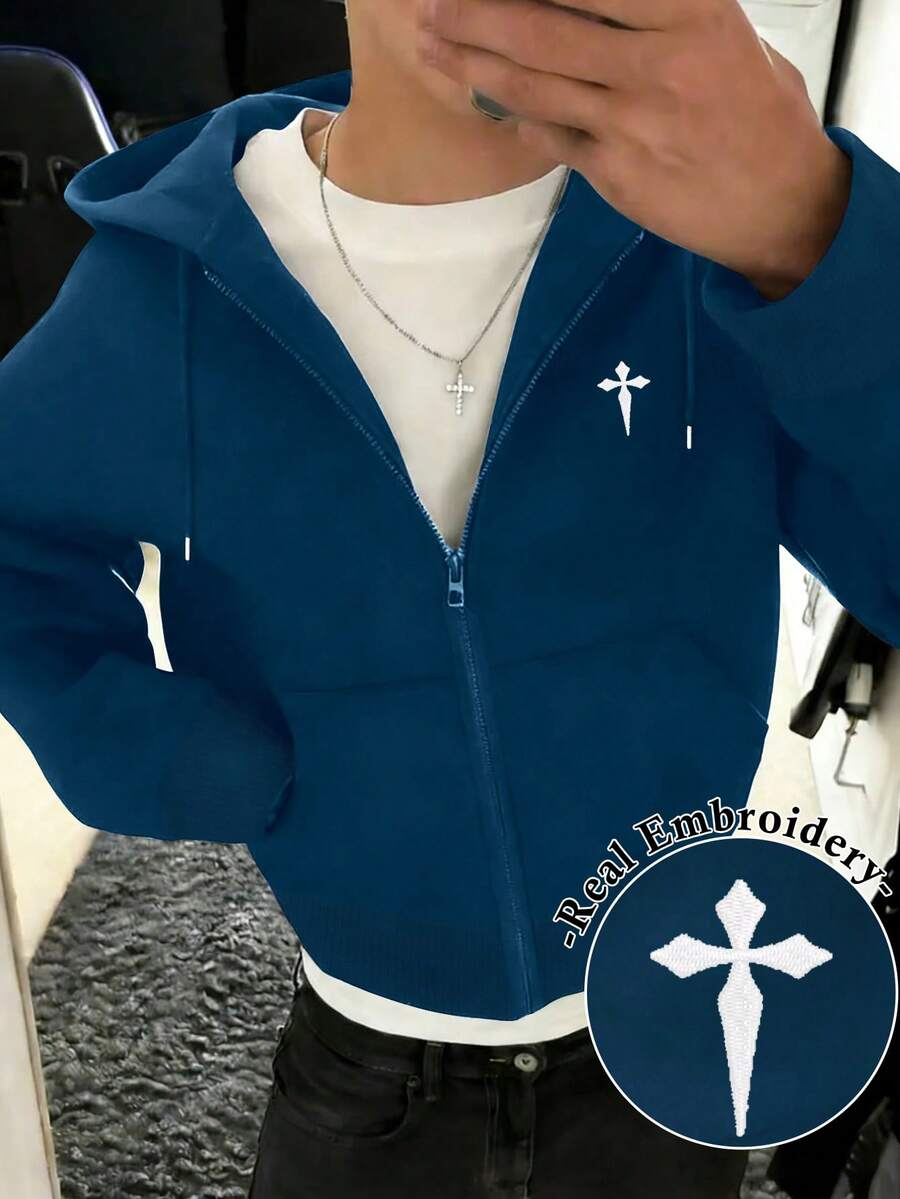 Manfinity Dauomo Men's Cross Embroidery Loose Zip-Up Hoodie - Navy Blue - View 1