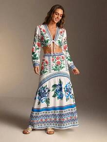 Swim Chiccia 2026 New Women's Summer Beach Vacation Elegant Long Sleeve T-Shirt With Drawstring Ruched Floral Print Skirt Loose Coverup 2-Piece Set - Multicolor - View 5