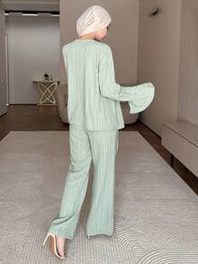 DAZY Women's Casual Textured Tie-Up Flare Sleeve Shirt And Flare Pants 2 Pieces Set, Spring/Summer - Green - View 2