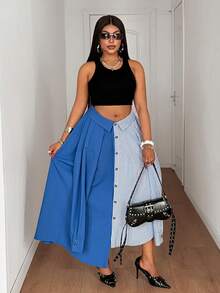 Maweii 女士春夏时尚个性条纹拼接休闲半身裙，时尚高端度假街头休闲装，独特设计优雅大码半身裙 - 藍色 - 查看 7