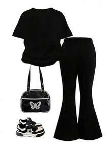 1 Set Girls Casual Comfortable K-POP Girl Group Graphic Print Short Sleeve Round Neck T-Shirt And Flare Pants Outfit, Fashionable Casual, Suitable For Spring/Summer Wear - Black - View 2