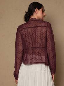 Freevana Plus Size Romantic Elegant Black Lace Patchwork Long Sleeve Blouse For Women - Rust Brown - View 2