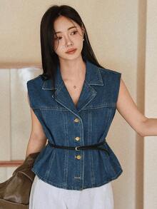 Áo khoác denim ngắn không tay cổ bẻ dáng casual dành cho nữ - Rửa tối - Xem 4