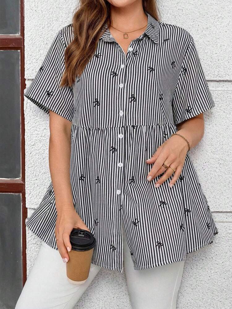 Plus Size Open Front Raglan Short Sleeve Striped Bow Print Smock Shirt\Summer\Vacation