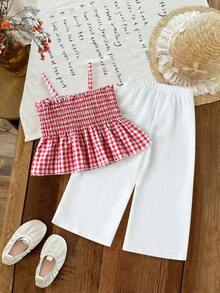 女童两件套：红白格子吊带背心和纯白色直筒裤，夏季 - 紅色 - 查看 2