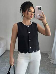 Elenzga Spring/Summer Women's Sleeveless Beaded Ruffle Hem Slim Fit Vest Top, Casual Everyday Top, Office Attire - Black - View 1