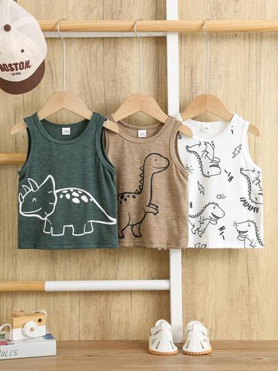 SHEIN Conjunto de 23 piezas de tops de punto sin mangas de unicolor, cómodos y versátiles, con estilo básico y patrón de dinosaurio lindo, adecuados para interior, esquí al aire libre, uso diario, deportes, juegos, fiestas, sesiones de fotos, vacaciones, ropa de otoño e invierno para niños pequeños/niñas