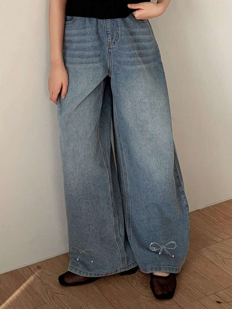 Tween Girls' Colorblock Pocket Casual Loose Wide Leg Jeans