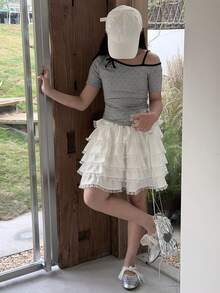 DAZY Áo thun ngắn tay in chấm bi, kiểu dáng bất đối xứng, dây buộc vai, dành cho bé gái tuổi teen, thích hợp cho mùa thu. - Xám - Xem 8