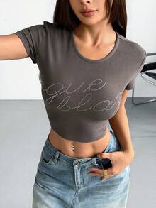 valorelle valorelle Maglietta casual da strada, sexy, retrò in stile Y2K, con elementi di strass, a collo rotondo, a maniche corte, aderente e corta - Grigio - Visualizzare 6