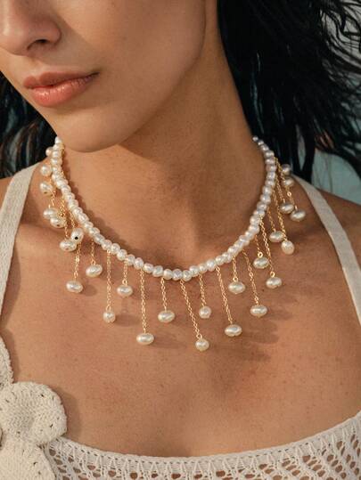 Opalesca 1pc Vintage Baroque Pearl Teardrop Tassel Necklace, Fashionable French Style Choker Necklace, Minimalist Necklace,Outfits,Old Money,Beaded,Wedding/Bridal Accessories,Fairycore/Fairy,Pearl,For Mom/Women/Girl/Mother,Elegant,Premium,Classy,Crystals