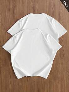 Manfinity Hypemode 2pcs Men's Solid Color Round Neck Short Sleeve T-Shirt Plain Tees - White - View 2