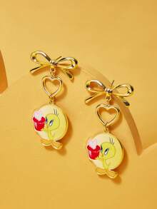 LOONEY TUNES X SHEIN Trending Zinc Alloy Cartoon Animal Print Pendant, 1 Pair Zinc Alloy Bow Earrings, Luxury Niche, Simple & Cute, Suitable For Party, Concert, Festival - Gold - View 1
