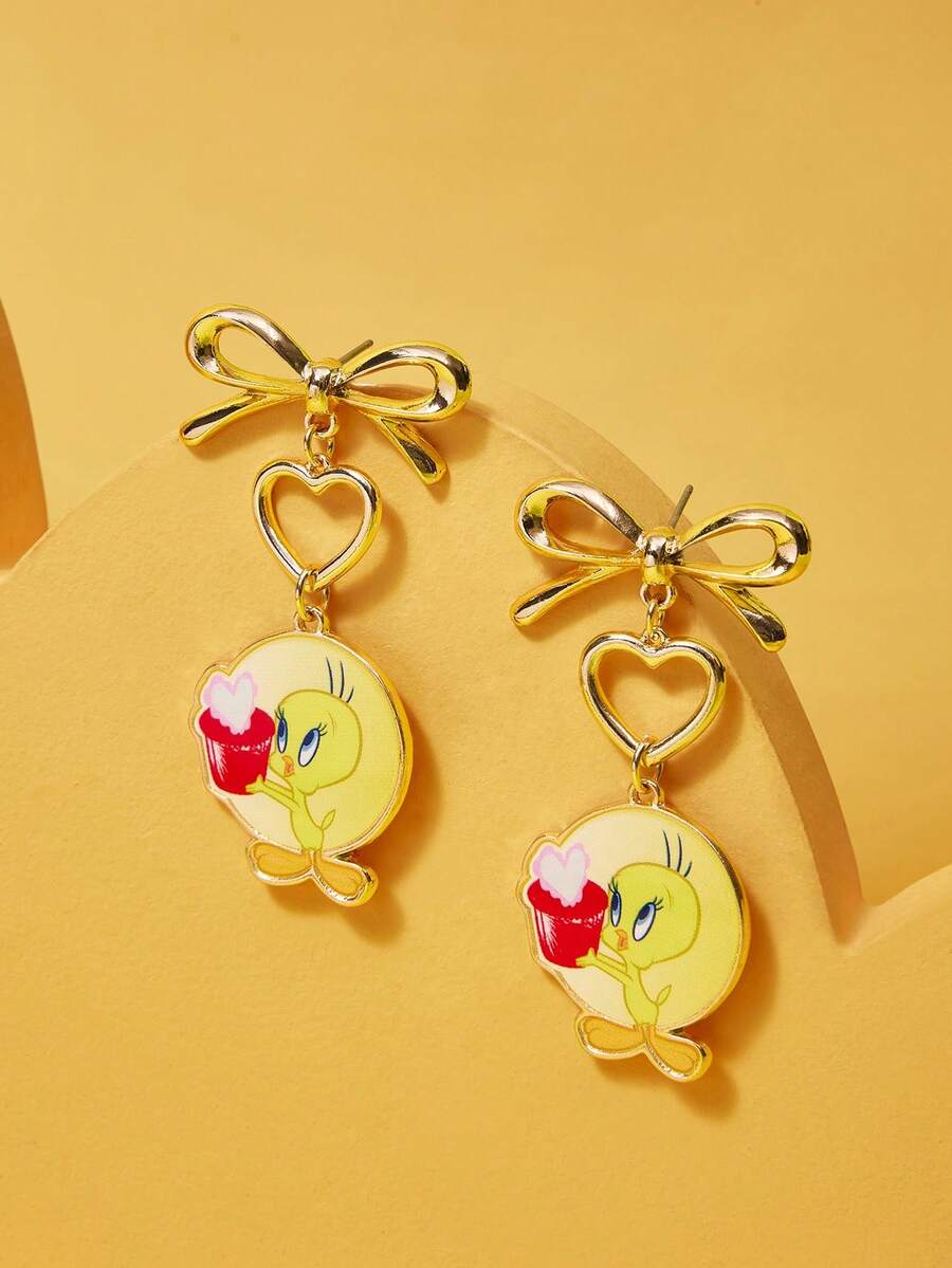 LOONEY TUNES X SHEIN Trending Zinc Alloy Cartoon Animal Print Pendant, 1 Pair Zinc Alloy Bow Earrings, Luxury Niche, Simple & Cute, Suitable For Party, Concert, Festival - Gold - View 1