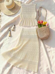 Breezaya New Spring/Summer European & American Style Beige Minimalist Cinched Waist Soft & Elegant Knit Top And Hollow Design Skirt Two Pieces Set, Versatile For Commuting, Business Meetings, Luxury Evening Events - Beige - View 2