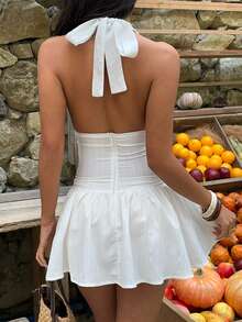 Sunnyshic Women's White Textured Fabric Deep V-Neck Halter Backless Ruched A-Line Summer Sexy Sweet Casual Beach Vacation Mini Dress - White - View 2