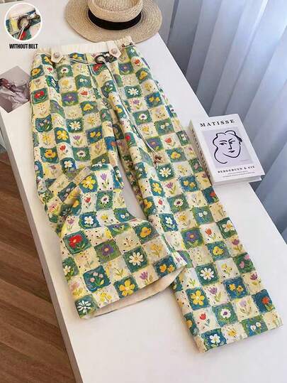 GlowEve Women's Floral Print Loose Wide Leg Pants With Waist Button Design, Suitable For Vacation