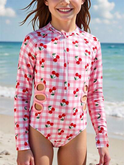 Tween Girls' One-Piece Plaid Cherry Print Hollow Waist Long Sleeve Zipper Swimsuit