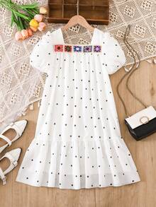 Tween Girls' Sweet Elegant Cute Doll Dress, Polka Dot Woven Round Neck Short Sleeve Bohemian Countryside Dress, Spring/Summer - White - View 1