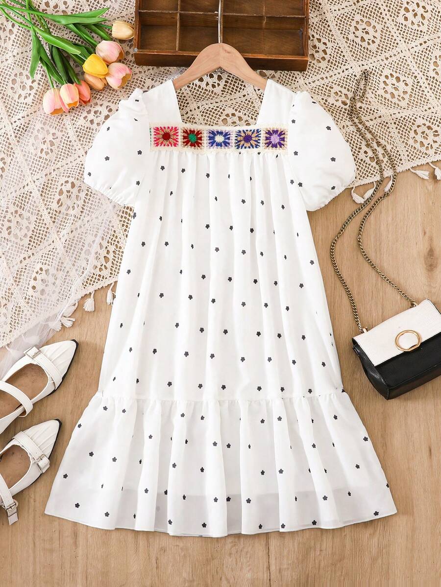 Tween Girls' Sweet Elegant Cute Doll Dress, Polka Dot Woven Round Neck Short Sleeve Bohemian Countryside Dress, Spring/Summer - White - View 1