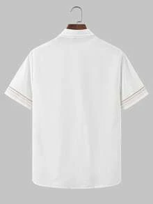 EGENSIO 男士印花翻领纽扣前开襟休闲短袖衬衫，夏季款 - 白色 - 查看 2