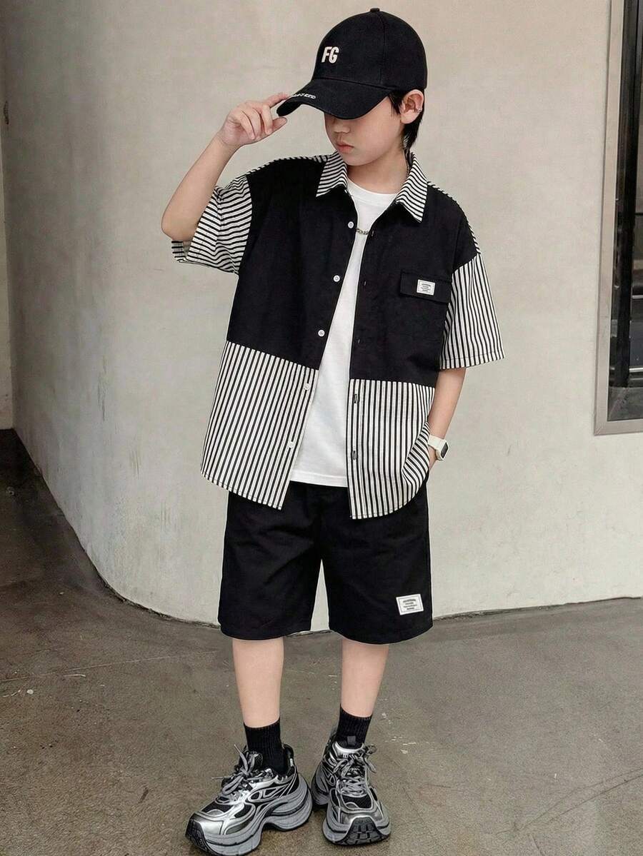 SHEIN Little Byeori 两件套男童舒适休闲宽松韩版条纹短袖衬衫短裤套装，适合春夏日常穿着、运动、上学、聚会、度假、拍照、返校季等场合。