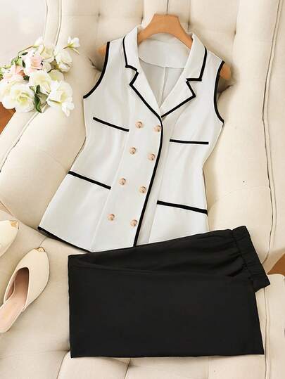 GlowEve CURVE 大码女式梭织常规款早春优雅通勤时尚黑杏色撞色无袖金属手工缝制纽扣3D立体花卉套装