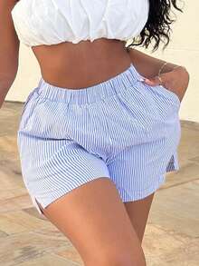 Alexandranx Shorts con estampado de rayas de cintura elástica - Azul y blanco - Ver 4